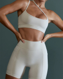 Women SolId Color Slash Straps Bra Side Patch Pockets Ruched Hips Shorts Sports Sets Black Ivory Purple Blue 4-10