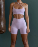 Women SolId Color Slash Straps Bra Side Patch Pockets Ruched Hips Shorts Sports Sets Black Ivory Purple Blue 4-10