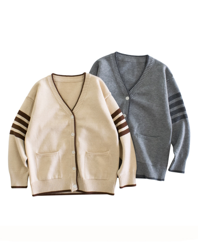 Fashion V-neck Long Sleeve Kids Cardigan Sweater Khaki Gray 90cm-140cm