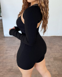 Wholesale Women Solid Color Long Sleeve Cover Strappy Romper Two Pieces Outfit Olive Green Brown Black S-2XL