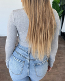 Women Fashion Long Sleeve U-neck Solid Color Knit T-shirt White Gray Brown Olive Green Black XS-XL