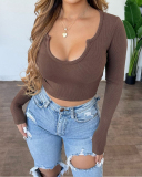 Women Fashion Long Sleeve U-neck Solid Color Knit T-shirt White Gray Brown Olive Green Black XS-XL