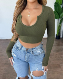 Women Fashion Long Sleeve U-neck Solid Color Knit T-shirt White Gray Brown Olive Green Black XS-XL