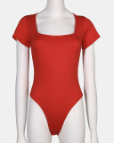 Casual Short Sleeve Square Neck O Neck Women Solid Color Basic Bodysuit Black White Red S-2XL