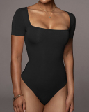 Casual Short Sleeve Square Neck O Neck Women Solid Color Basic Bodysuit Black White Red S-2XL