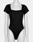 Casual Short Sleeve Square Neck O Neck Women Solid Color Basic Bodysuit Black White Red S-2XL