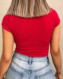 Casual Short Sleeve Square Neck O Neck Women Solid Color Basic Bodysuit Black White Red S-2XL