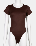 Casual Short Sleeve Square Neck O Neck Women Solid Color Basic Bodysuit Black White Red S-2XL