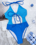 Women Halter Neck Hollow Out One-piece Swimsuit Blue S-L