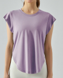 Women Ruffles Short Sleeve O Neck Iregular Quick Dry Sports Top Blue White Purple Green S-XL