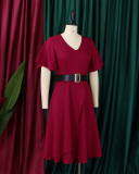 Summer New Plus Size V-neck Flare Sleeve Flare Midi Dress With Belt Yellow Wine Red Blue S-3XL