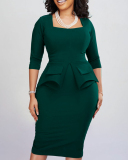 Elegant Women Solid Color Square Neck Long Sleeve Peplum Plus Size Dresses Wine Red Blue Rosy Green S-3XL