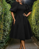 Elegant Short Puff Sleeve A-line Plus Size Dresses Green Rosy Pink Orange Black White S-3XL