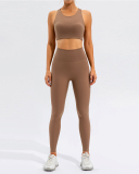Women Back Hollow Out Fitness Sports Yoga Two-piece Sets Beige Black Brown S-XL