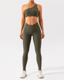 One Shoulder Breathable Quick Dry V Waist Legging Sets Yoga Two Pieces Sets (5 Colors) S-XL