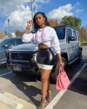 Fashion Hot Sale Printed T-shirt PU Mini Skirt Sets Two Pieces Outfit White Black S-2XL