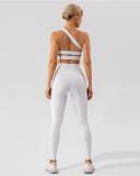 One Shoulder Breathable Quick Dry V Waist Legging Sets Yoga Two Pieces Sets (5 Colors) S-XL