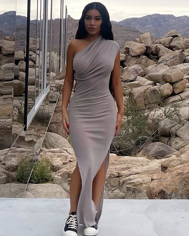 Women Slash Neck Bodycon Slit Maxi Dress Khaki Black Gray S-XL