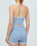 Women Casual Backless Sports Summer Suits Two Piece Outfits Deep Blue Jean Blue Black Pink S-XL