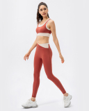 Women High Protect Colorblock High Waist Slim Leggings Sets Yoga Two Pieces Set Green Blue Red S-2XL