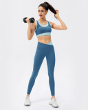 Women High Protect Colorblock High Waist Slim Leggings Sets Yoga Two Pieces Set Green Blue Red S-2XL