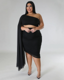 Women Slash Neck Ruched Mesh Sleeve  Plus Size Two Piece Sets Black White Red Blue L-4XL