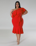 Women Slash Neck Ruffled Slim Midi Plus Size Dresses Rosy Black Green Red White L-4XL