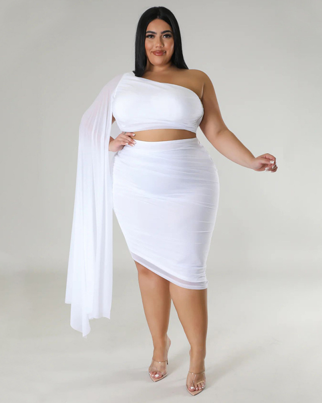Women Slash Neck Ruched Mesh Sleeve  Plus Size Two Piece Sets Black White Red Blue L-4XL
