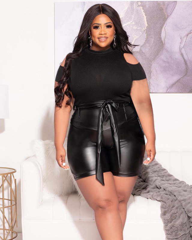 Women Fashion Short Sleeve Hollow Out Shoulder PU Shorts Sets Plus Size Two Piece Sets Black L-4XL