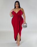Elegant Women Sling Sleeveless V-neck Wrap Midi Dress Black Green Purple Red Blue Purple White,L-4XL