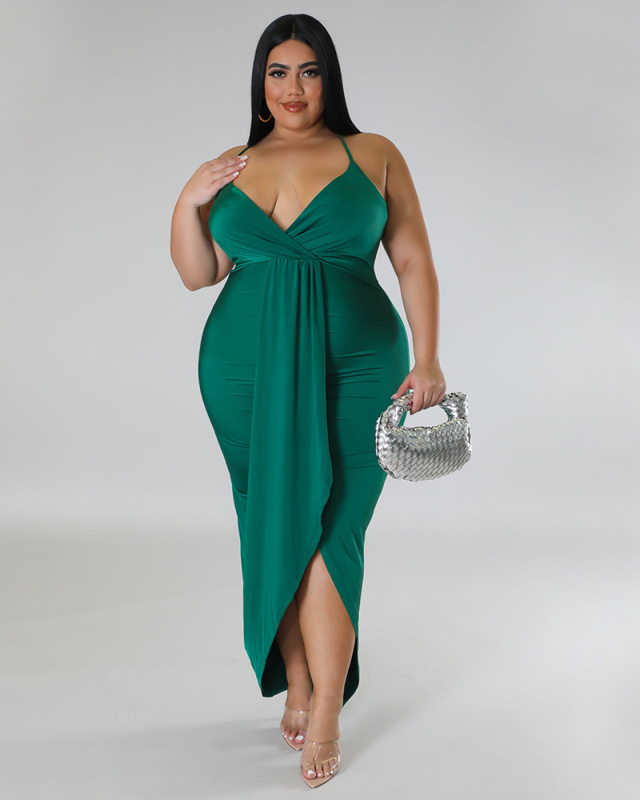 Elegant Women Sling Sleeveless V-neck Wrap Midi Dress Black Green Purple Red Blue Purple White,L-4XL