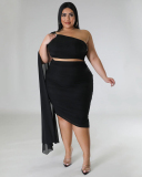 Women Slash Neck Ruched Mesh Sleeve  Plus Size Two Piece Sets Black White Red Blue L-4XL