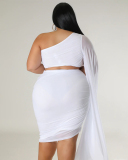 Women Slash Neck Ruched Mesh Sleeve  Plus Size Two Piece Sets Black White Red Blue L-4XL