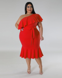 Women Slash Neck Ruffled Slim Midi Plus Size Dresses Rosy Black Green Red White L-4XL