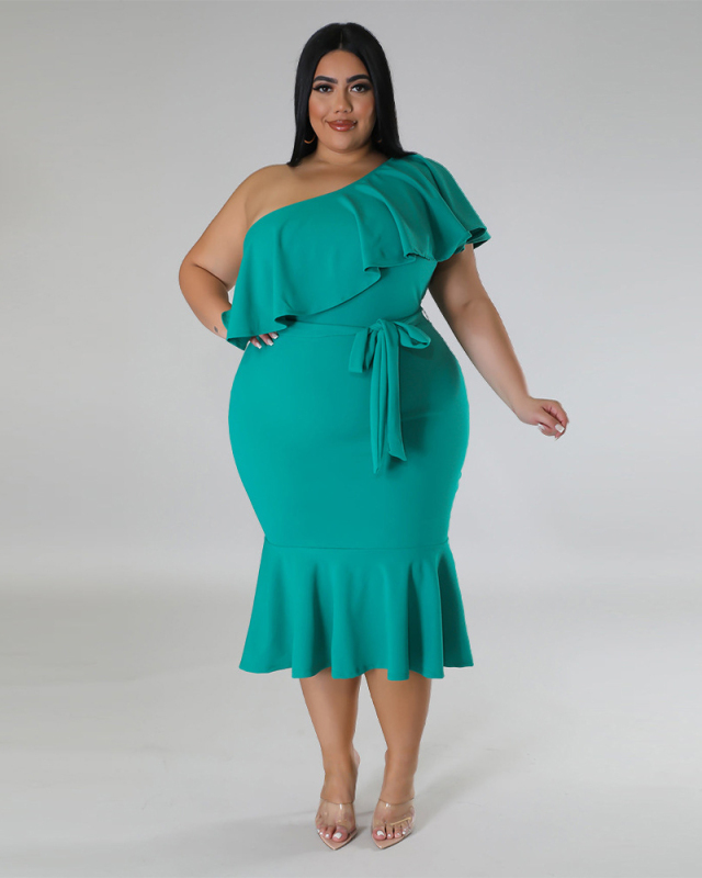 Women Slash Neck Ruffled Slim Midi Plus Size Dresses Rosy Black Green Red White L-4XL