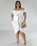 Fashion Ruffles Off Shoulder Irregular Solid Color Sweety Date Plus Size Dresses Purple Green White Blue Black L-4XL