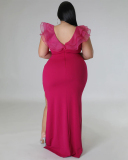 Women Mesh Shoulder V Neck Side Slit Sexy Maxi Dress Plus Size Evening Dress Black White Light Blue Green Red Blue Rosy Red L-4XL