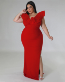 Women Mesh Shoulder V Neck Side Slit Sexy Maxi Dress Plus Size Evening Dress Black White Light Blue Green Red Blue Rosy Red L-4XL