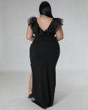 Women Mesh Shoulder V Neck Side Slit Sexy Maxi Dress Plus Size Evening Dress Black White Light Blue Green Red Blue Rosy Red L-4XL