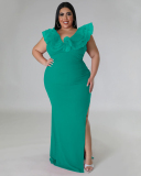 Women Mesh Shoulder V Neck Side Slit Sexy Maxi Dress Plus Size Evening Dress Black White Light Blue Green Red Blue Rosy Red L-4XL