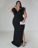 Women Mesh Shoulder V Neck Side Slit Sexy Maxi Dress Plus Size Evening Dress Black White Light Blue Green Red Blue Rosy Red L-4XL