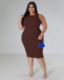 Summer New Solid Color Sleeveless Slim Plus Size Dresses Orange Red Blue Coffee Black L-4XL
