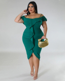 Fashion Ruffles Off Shoulder Irregular Solid Color Sweety Date Plus Size Dresses Purple Green White Blue Black L-4XL