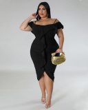 Fashion Ruffles Off Shoulder Irregular Solid Color Sweety Date Plus Size Dresses Purple Green White Blue Black L-4XL