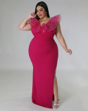 Women Mesh Shoulder V Neck Side Slit Sexy Maxi Dress Plus Size Evening Dress Black White Light Blue Green Red Blue Rosy Red L-4XL