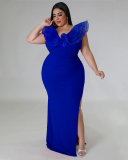 Women Mesh Shoulder V Neck Side Slit Sexy Maxi Dress Plus Size Evening Dress Black White Light Blue Green Red Blue Rosy Red L-4XL