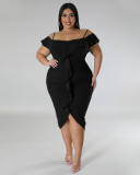 Fashion Ruffles Off Shoulder Irregular Solid Color Sweety Date Plus Size Dresses Purple Green White Blue Black L-4XL