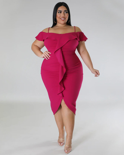 Fashion Ruffles Off Shoulder Irregular Solid Color Sweety Date Plus Size Dresses Purple Green White Blue Black L-4XL