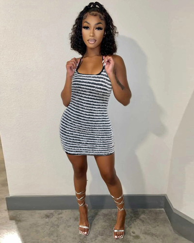 Sleeveless Women Striped Spaghetti Bodycon Mini Dress
