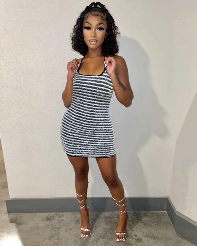 Sleeveless Women Striped Spaghetti Bodycon Mini Dress